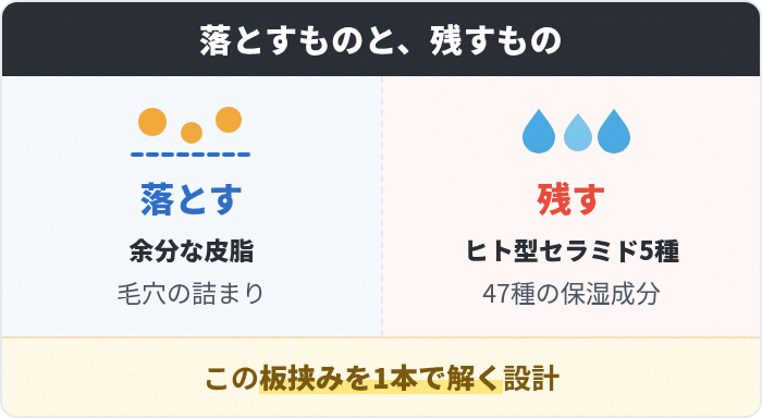 余分な皮脂だけを落としながらヒト型セラミド5種を含む47種の保湿成分でうるおいを残すHOLO BELLの設計図解